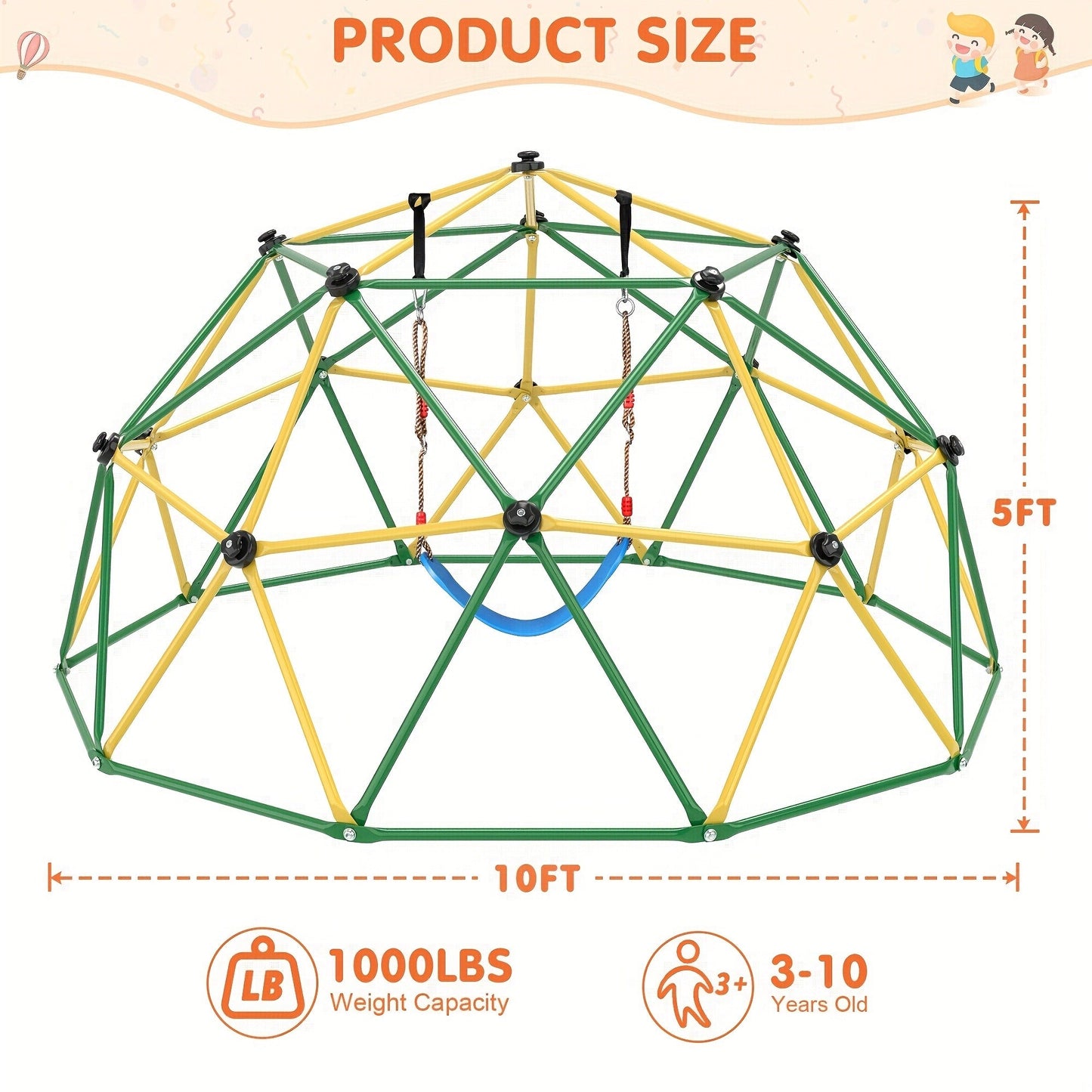 10FT Kids Climbing Dome with Hammock Swing Disc Swing Backyard Jungle Gym Steel Frame Outdoor Play Equipment 1000 LBS Capacity Gift for Boys
