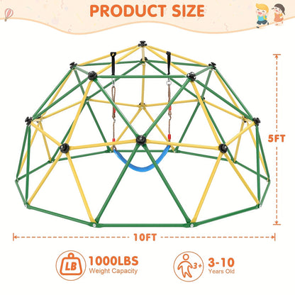 10FT Kids Climbing Dome with Hammock Swing Disc Swing Backyard Jungle Gym Steel Frame Outdoor Play Equipment 1000 LBS Capacity Gift for Boys