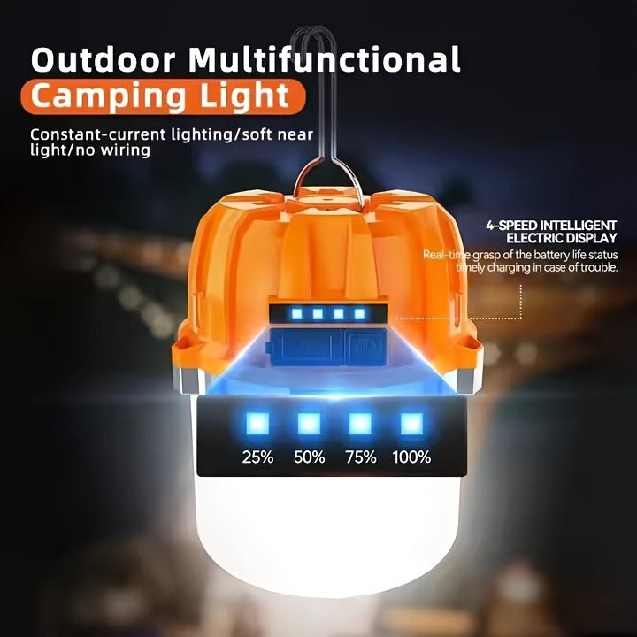 Orange Hanging Camping Lantern with Three Brightness Settings, Type-C Charging Port and Integrated Hook