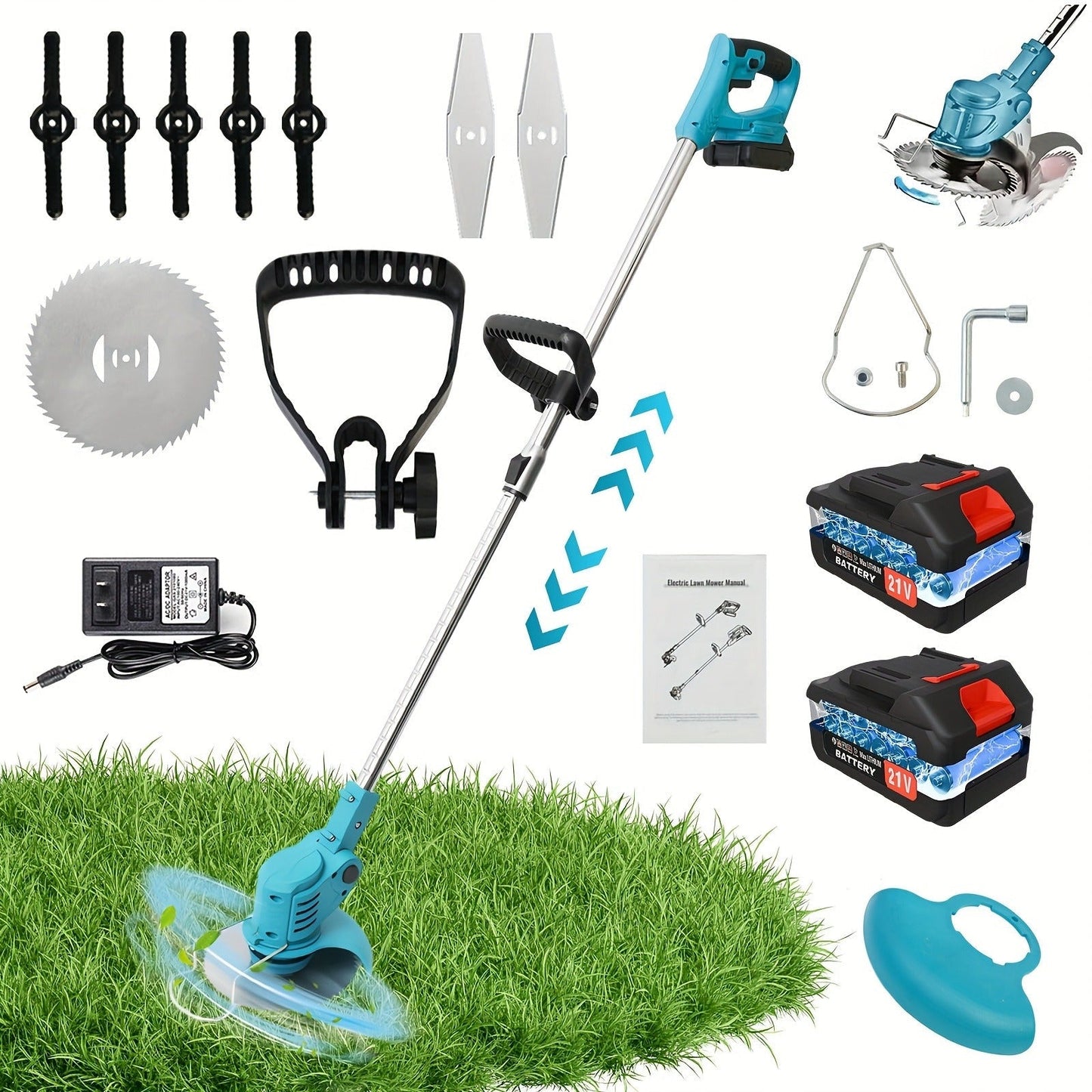 Weed Wacker Cordless 24V Brush Cutter, Electric String Trimmer with 2 Batteries & Charger, 3 Blade Types