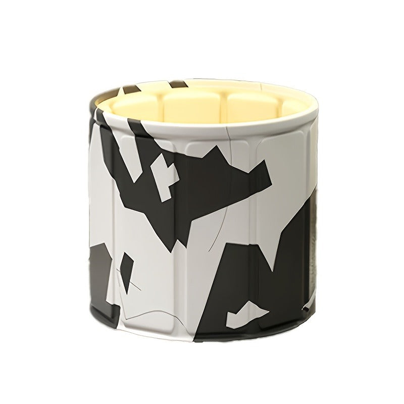Round Foldable Adult Soaking Tub in Black-and-White Geometric Pattern with Freestanding Support Frame and Drain