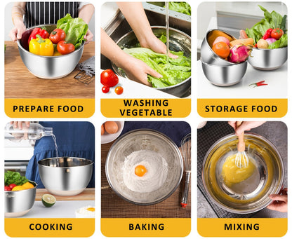 Stainless Steel Mixing Bowls Set with Airtight Lids 7 Piece, Stackable Nesting Bowls with Measuring Spoons Whisk Spatula Tongs Basting