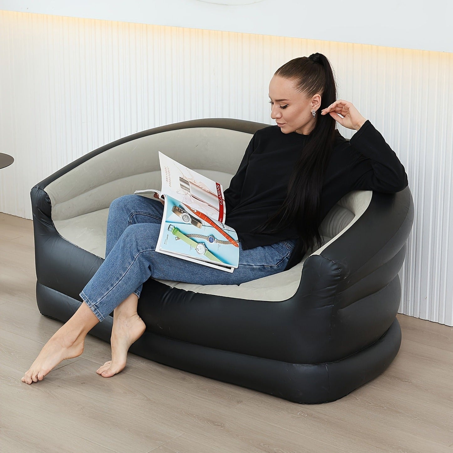 Coffee-and-Black Inflatable Sofa Bed with Raised Arms, Curved Backrest and Single Color Option