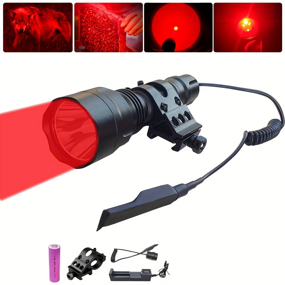 Flashlight Red, Green or White Hunting Light with Remote Switch, 18650 Battery and Mount Options
