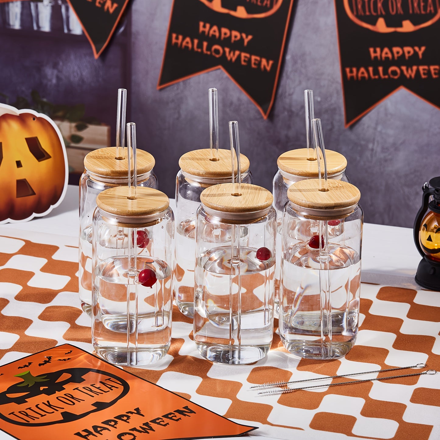 Drinking Glasses Set with Lid and Straw 550ml Oval Glass Cups 4 or 6 Piece, for Home Cooking, Dining and Outdoor Meals