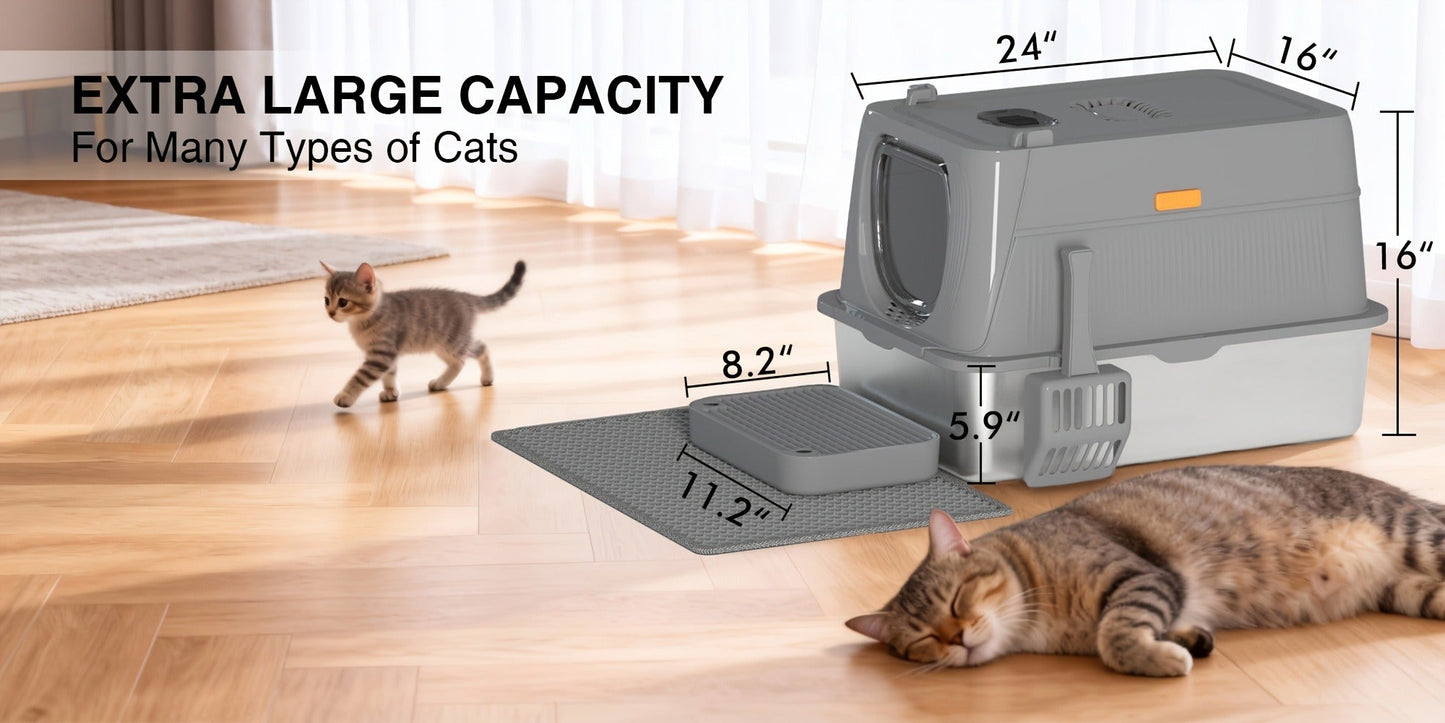 CITYLIFE Cat Litter Box with Stainless Steel Basin, Removable Enclosure, Flap Door, Top Entry, Step and Mat