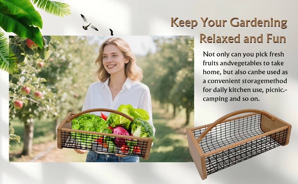 Garden Harvest Basket Metal Mesh with Wooden Handle – Rectangle Vegetable Fruit Picking Basket for Garden, Kitchen & Farmhouse Storage