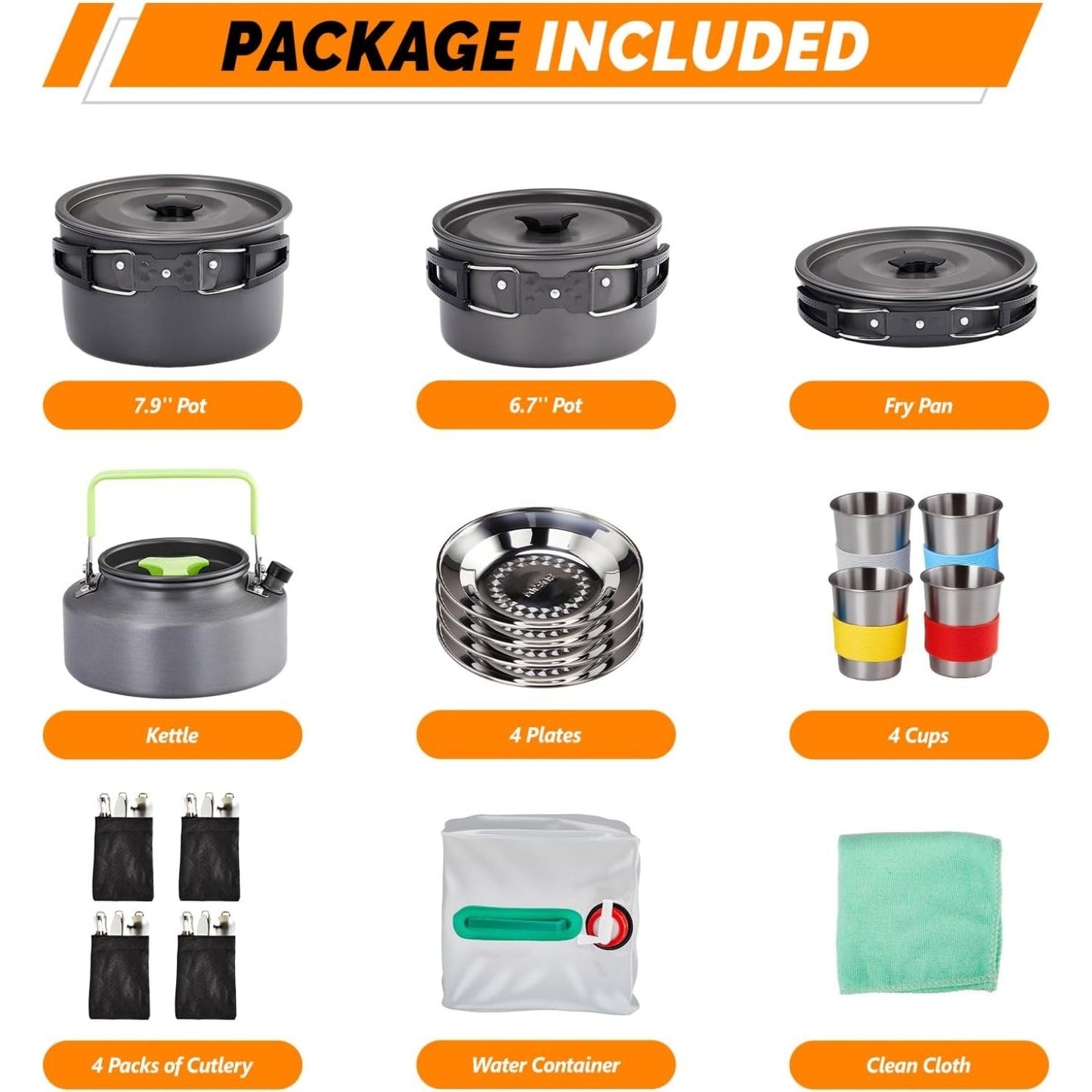 Camping Cookware Set, 19- or 27-Piece Coated Aluminum Mess Kit with Pot, Pan, Kettle, Cups, Plates and Cutlery