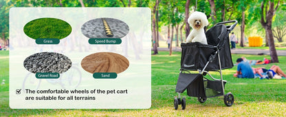 3-Wheel Pet Stroller for Small & Medium Dogs Cats – Foldable Jogger Stroller with Weather Cover, Storage Basket & Cup Holder