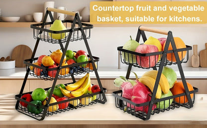 Fruit Basket Kitchen Organizer 2 or 3 Tier Metal Stand with Removable Wooden Handles for Countertop