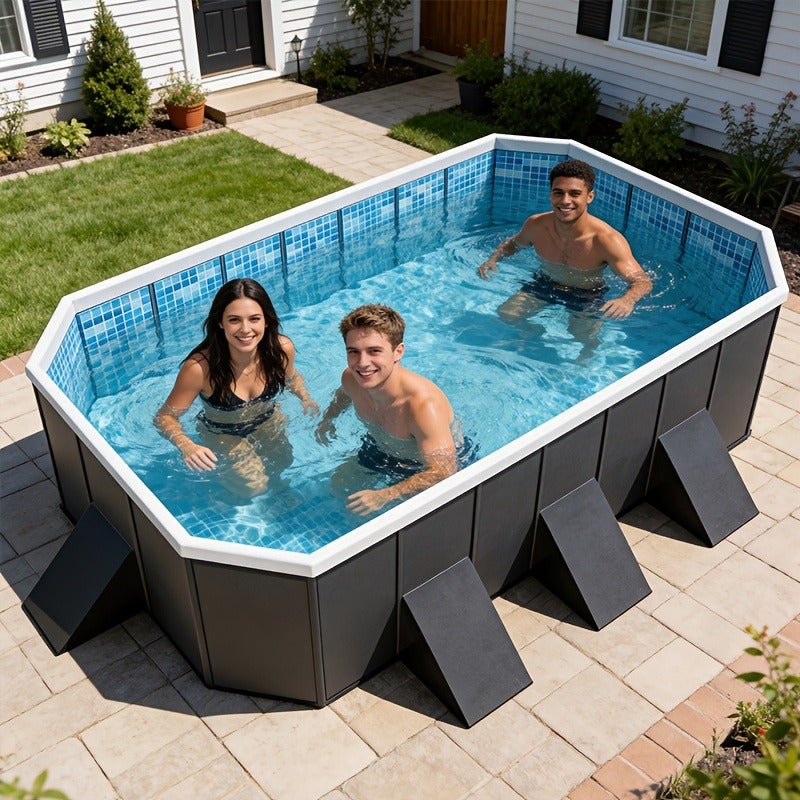 Large Rectangular Frame Pool, Non-Inflatable Backyard Swimming Pool with Drain for Garden, Patio and Yard Use
