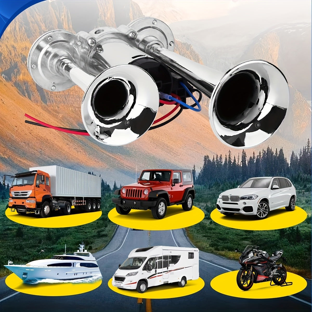 Dual Air Horn Kit 12V/24V 105-137dB with Air Compressor – Super Loud Aluminum Alloy Trumpet Horn for Truck, Train, SUV, Motorcycle