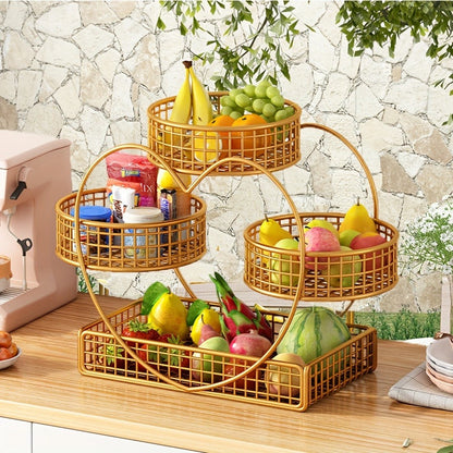 Three-Tier Gold-Tone Wire Fruit Basket with Three Round Bowls and Rectangular Countertop Base