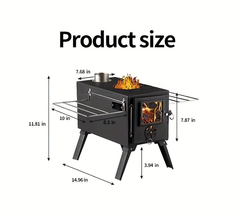 Portable Wood Stove with Chimney Pipe Set, Folding Legs, Side Shelves and Silver or Black Finish Options