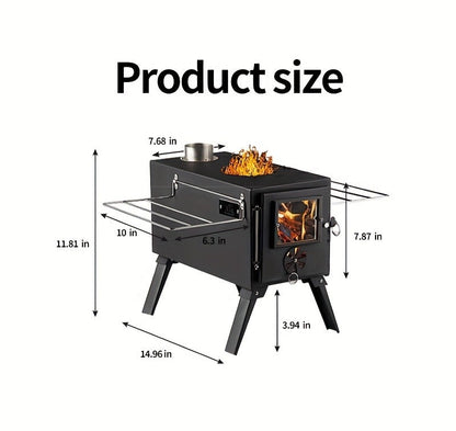 Portable Wood Stove with Chimney Pipe Set, Folding Legs, Side Shelves and Silver or Black Finish Options