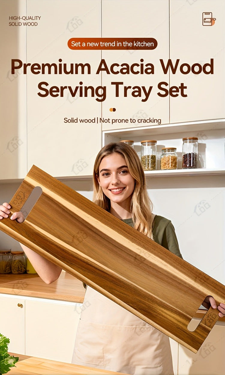 Extra-Long 36 x 11-Inch Wood-Color Charcuterie Board with Recessed Handles and Two Display Stands