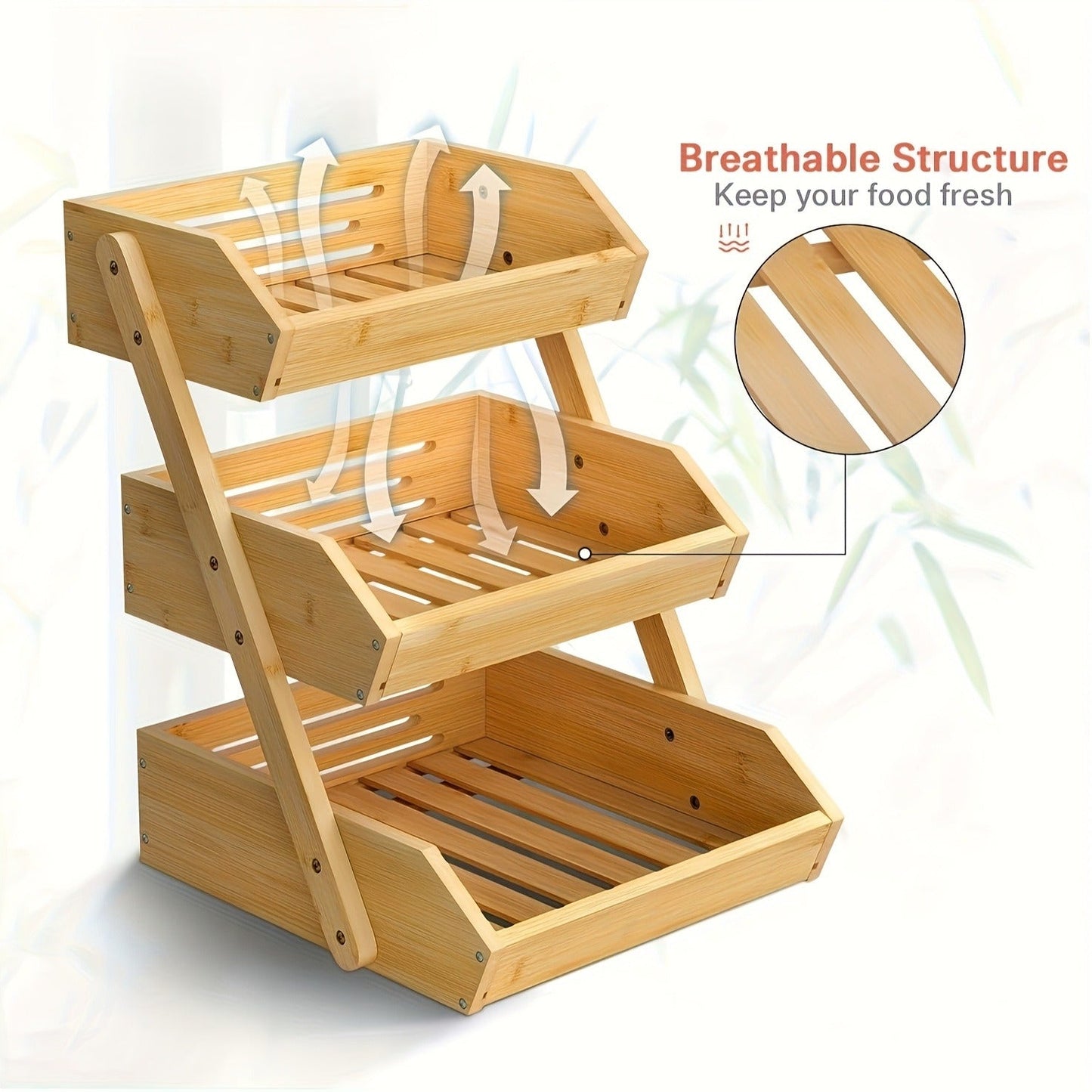 Fruit Basket Stand 2 & 3 Tier Wooden Countertop Organizer Large Capacity Kitchen Storage for Fruits Vegetables Bread Produce with Banana