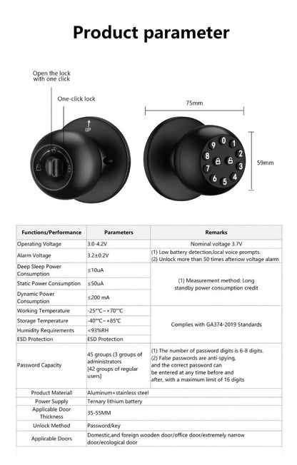 Smart Door Lock Tuya Smart Life Keypad Knob with App Mechanical Key and Passage Mode in Black