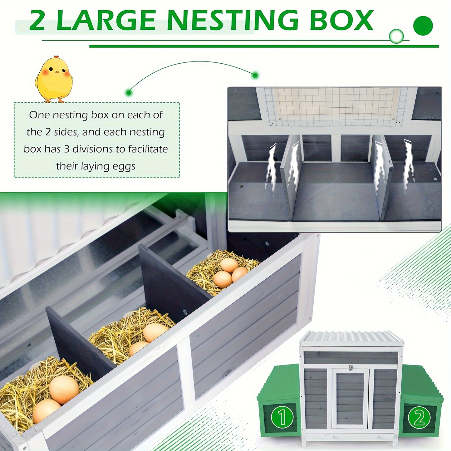 Wooden Chicken Coop with 2 Large Nesting Boxes for 4-6 Chickens, 59" Outdoor Hen House with PVC Roof