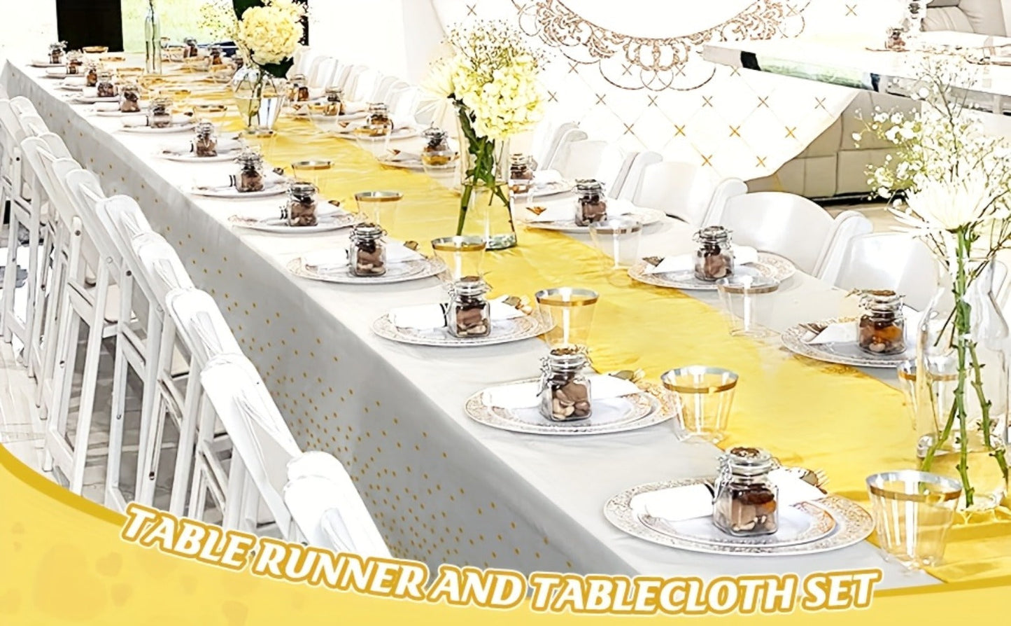 Disposable Tablecloth & Table Runner Set 10 Pack White Gold – Plastic Party Table Covers for Wedding Birthday Graduation Anniversary Baby