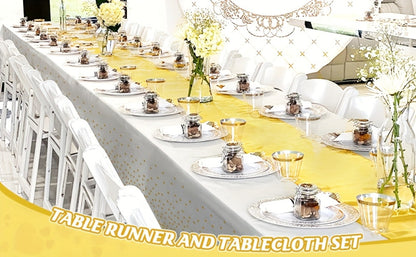 Disposable Tablecloth & Table Runner Set 10 Pack White Gold – Plastic Party Table Covers for Wedding Birthday Graduation Anniversary Baby