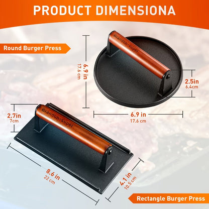 Cast Iron Burger Press Kit 2pcs – Round & Rectangular Meat Press with Wooden Handle for Smash Burgers