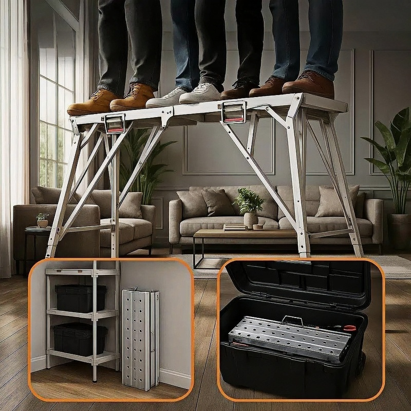 Aluminum Work Platform Height Adjustable Folding Portable Scaffold Bench Wide Base Safety Railing for Garden, Patio and Yard Use