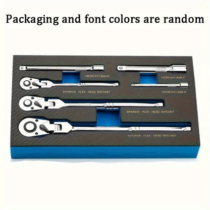 6-Piece Ratchet Wrench Set 1/4" 3/8" 1/2" Drive – Rotating Head Ratchet with Extension Bar, Chrome-Plated Stainless Steel