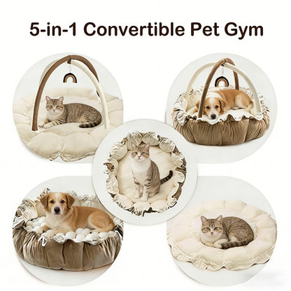 Convertible Round Pet Play Mat and Bed with Raised Sides, Removable Arches and Six Hanging Toys