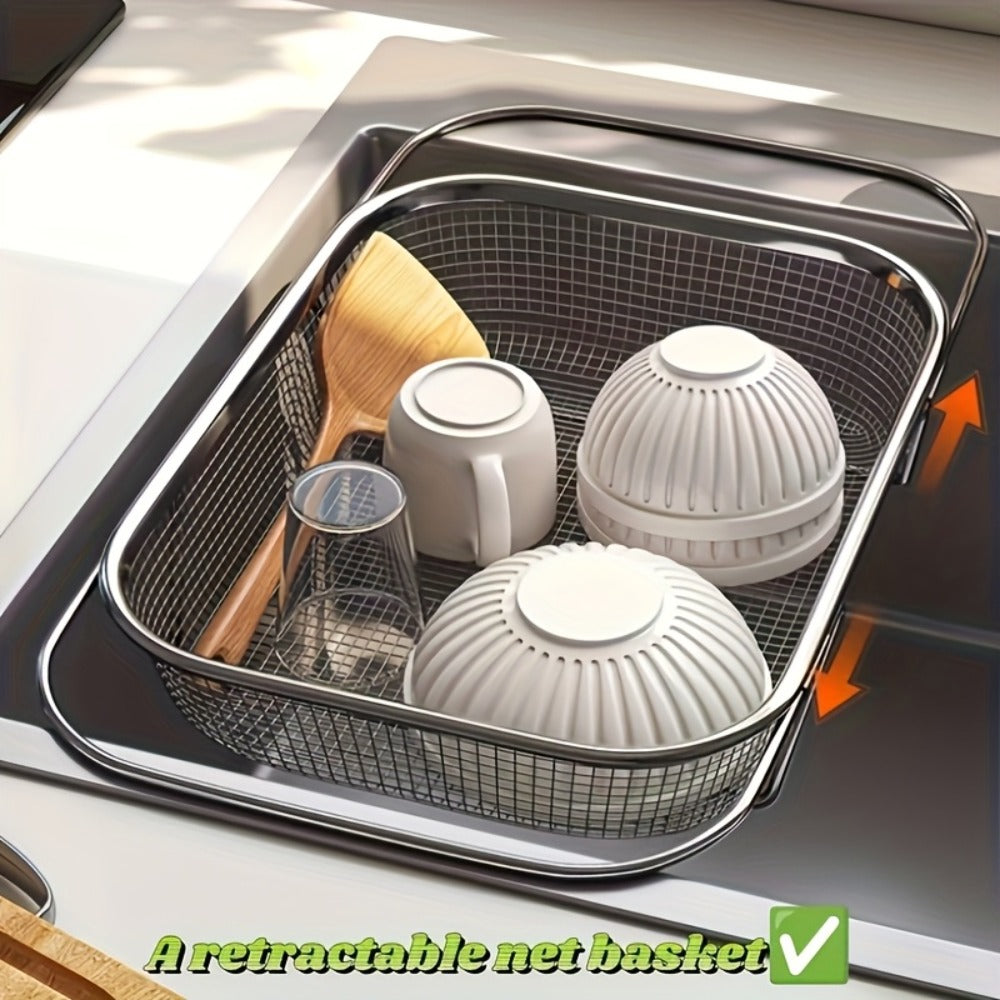 Expandable Stainless Steel Colander & Drain Basket, Adjustable Strainer for Vegetables, Fruits & Kitchen Sink Use
