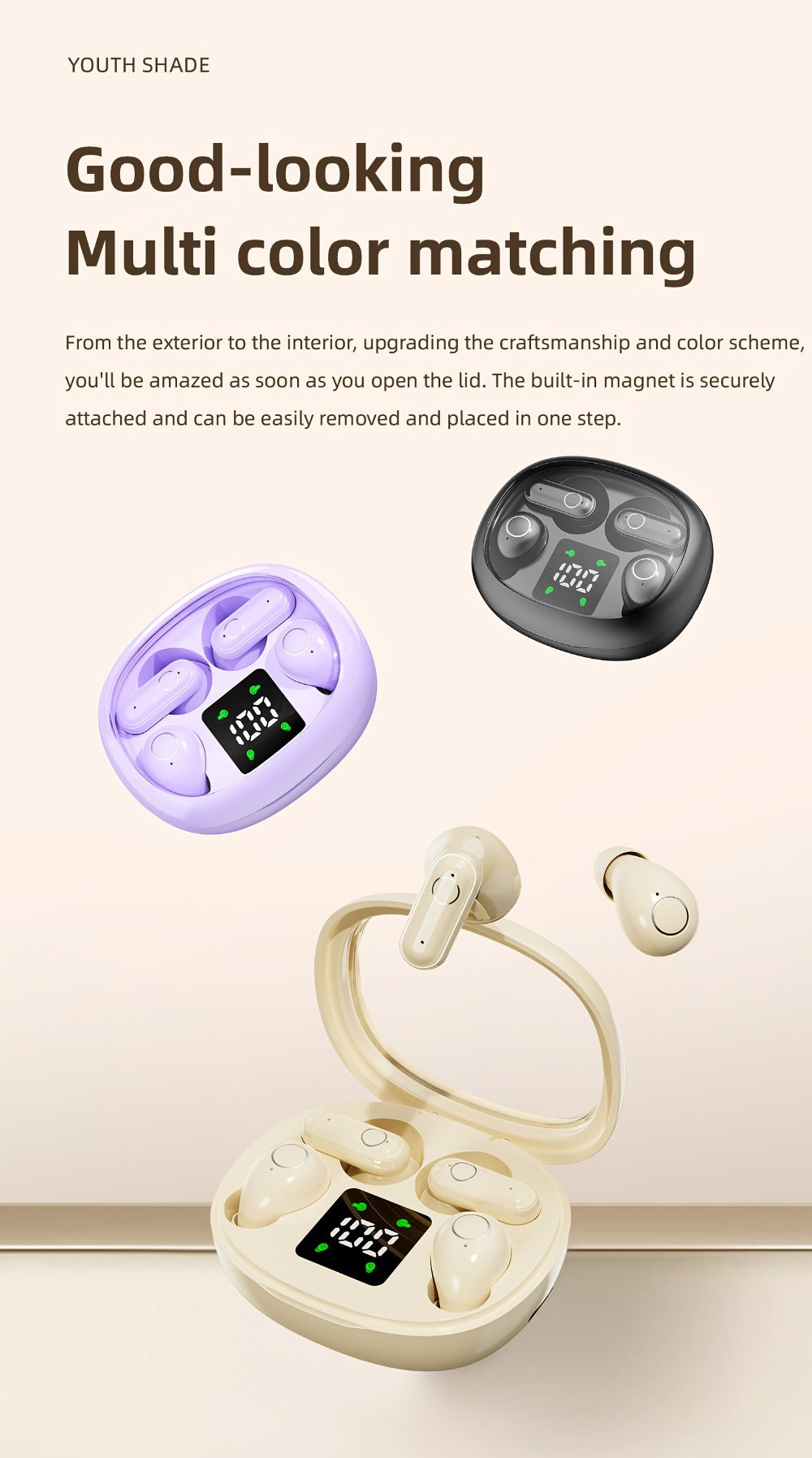 Wireless Earbuds MSHUKCOE 2-in-1 Mini Sleep Style with Touch Controls and Black, Khaki or Purple Choices