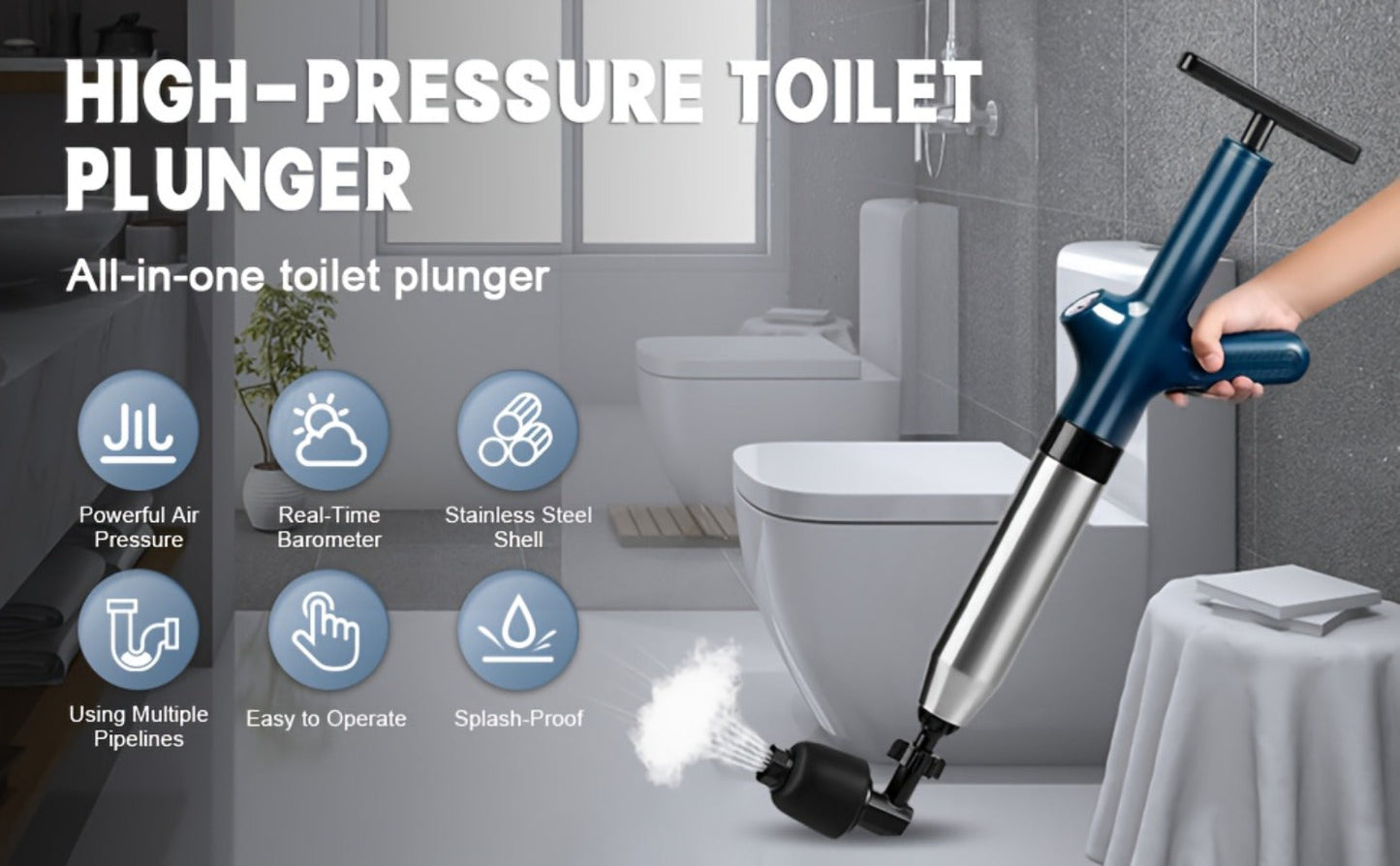 Toilet Plunger Set High Pressure Air Drain Unclogger - Stainless Steel Toilet Snake & Air Discharge Impactor for Clogged Toilet