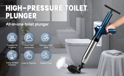 Toilet Plunger Set High Pressure Air Drain Unclogger - Stainless Steel Toilet Snake & Air Discharge Impactor for Clogged Toilet