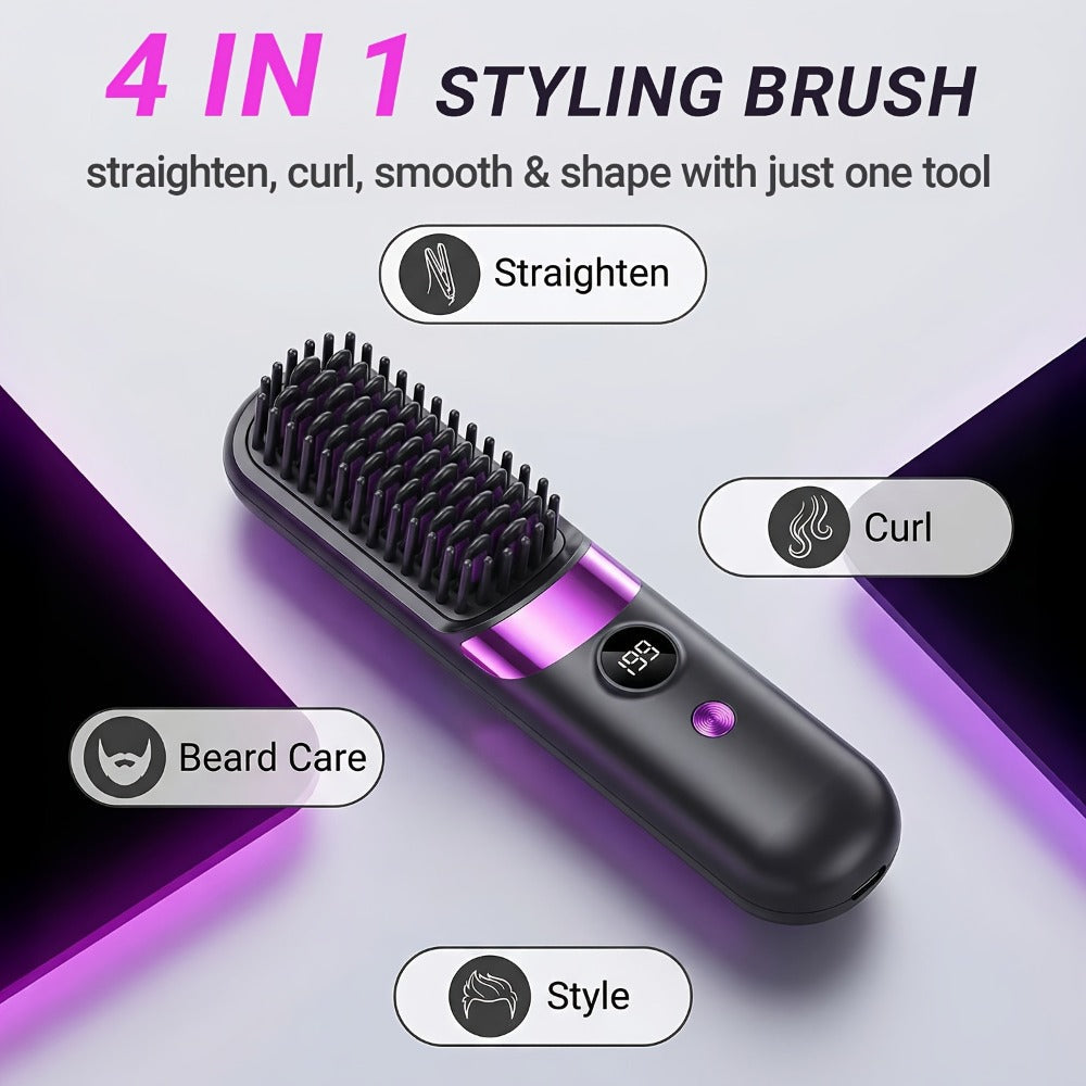 Ionic Hair Straightener Brush USB-C Rechargeable 3-in-1 Straightener Curler Styler, Adjustable Temperature