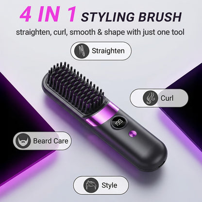 Ionic Hair Straightener Brush USB-C Rechargeable 3-in-1 Straightener Curler Styler, Adjustable Temperature