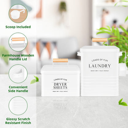 Laundry Pod Container & Dryer Sheet Holder Set with Scoop, Metal Farmhouse Laundry Room Organizer