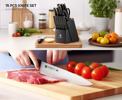 Kitchen Knife Set by ASETY, 15-Piece Stainless Steel Block Set with PP Handles in Two Finish Options