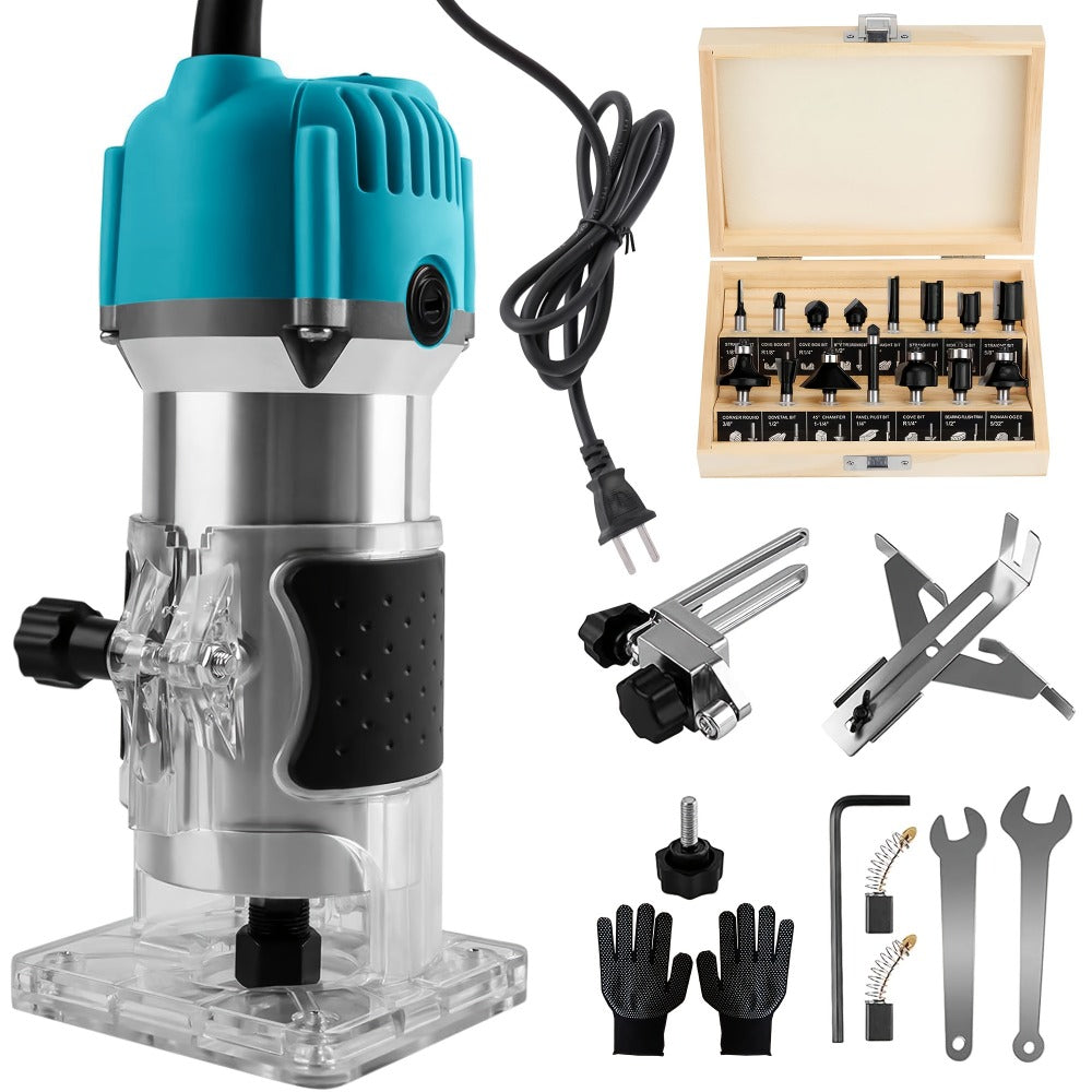 Compact 800W Wood Router Kit in Red or Blue with 15-Piece 1/4-Inch Bit Set and Guide Accessories