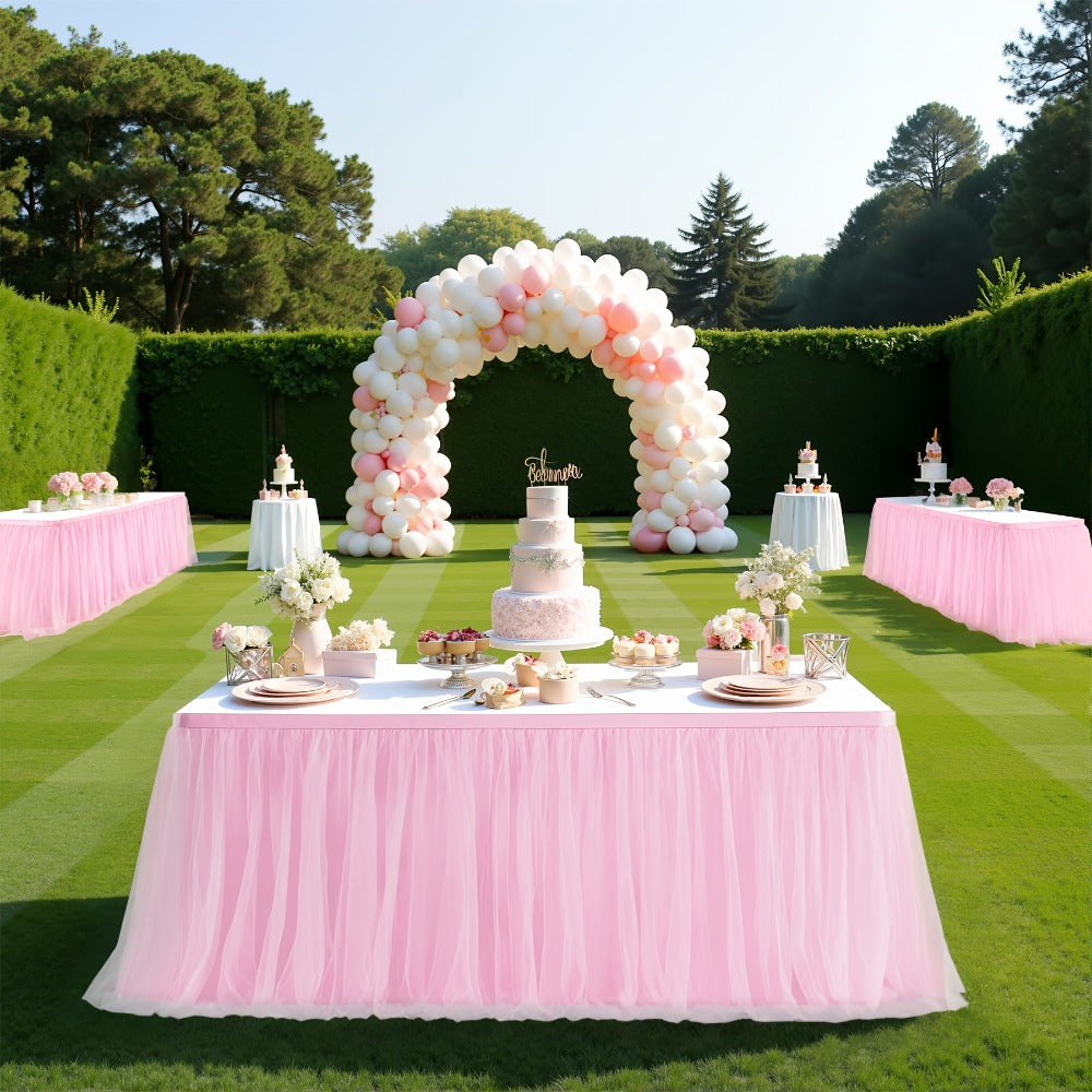 Six-Foot Gathered Tulle Table Skirt with Ten Solid or Multicolor Options for Parties and Events