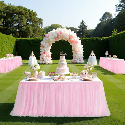 Six-Foot Gathered Tulle Table Skirt with Ten Solid or Multicolor Options for Parties and Events