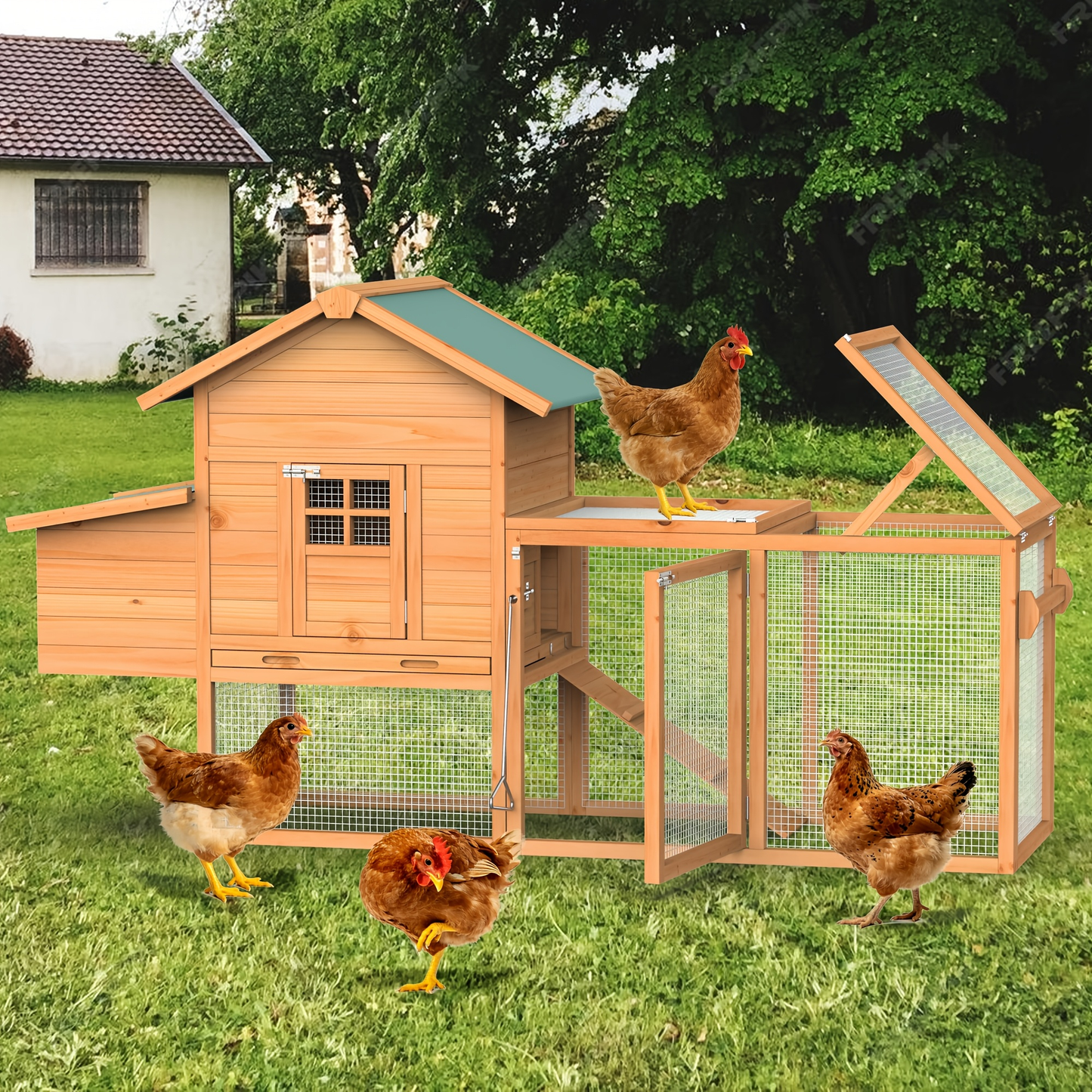 Portable Wooden Chicken Coop with Wheels, Nest Box and Wood Roof or Sunshine Board Run Option