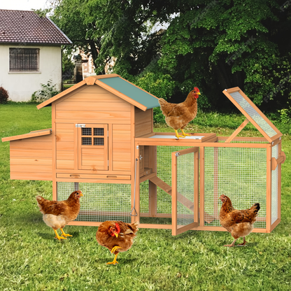 Portable Wooden Chicken Coop with Wheels, Nest Box and Wood Roof or Sunshine Board Run Option