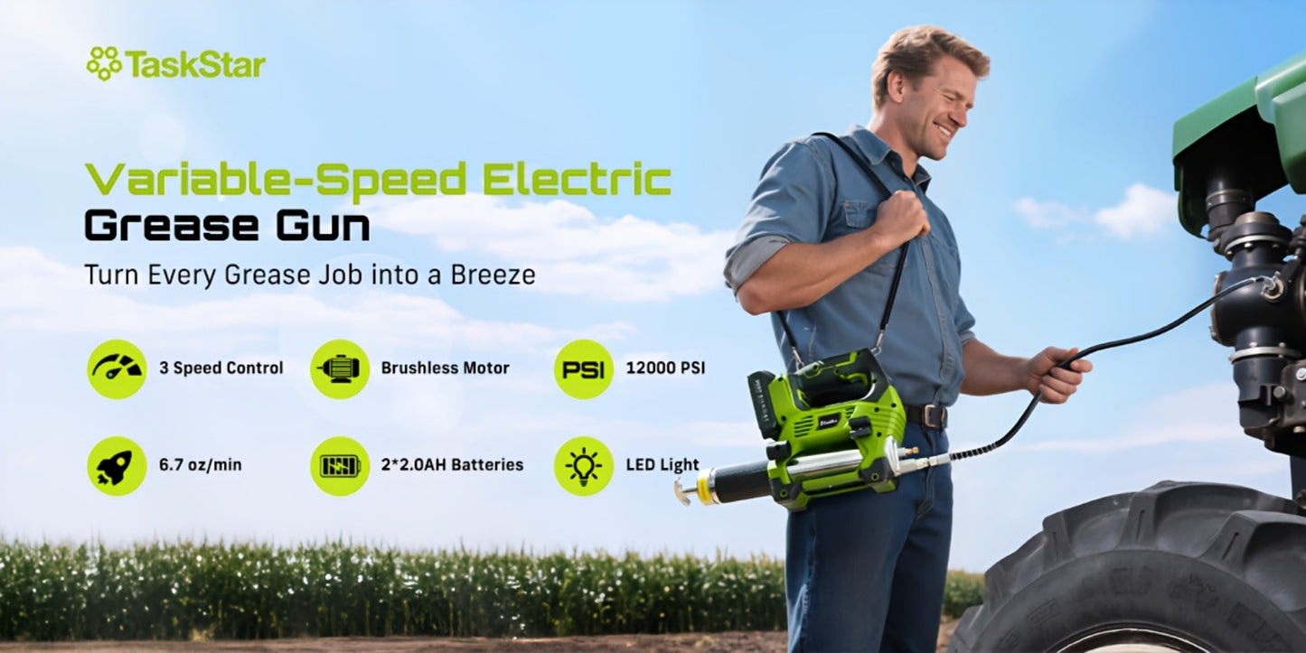 Electric Grease Gun 12000PSI Cordless – 3-Speed Brushless Motor, Dual 2.0Ah Batteries, LED Light, Heavy-Duty Wireless Grease Gun
