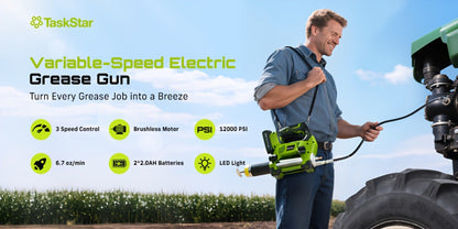 Electric Grease Gun 12000PSI Cordless – 3-Speed Brushless Motor, Dual 2.0Ah Batteries, LED Light, Heavy-Duty Wireless Grease Gun