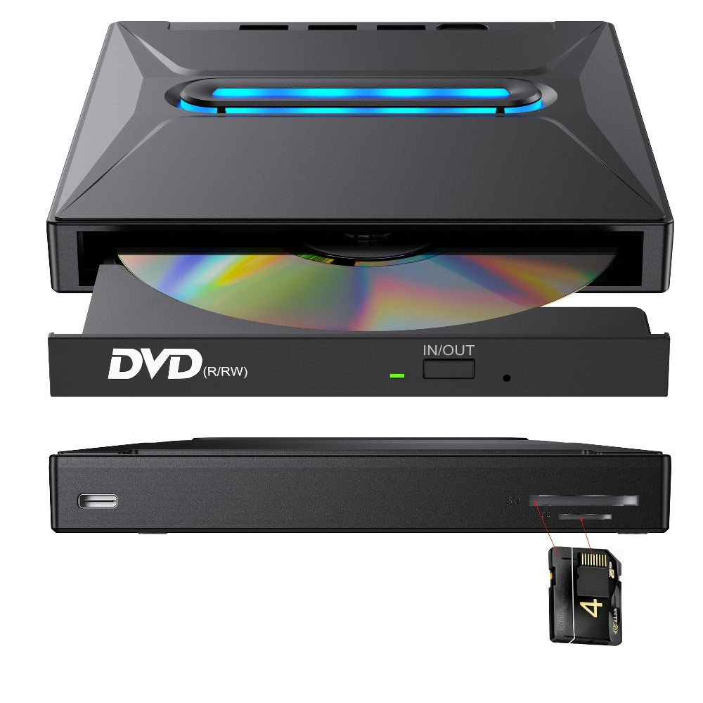 8-in-1 Luminous External CD DVD Drive USB 3.0 & Type-C - Portable CD/DVD±RW Burner Player Hub with 3 USB Ports