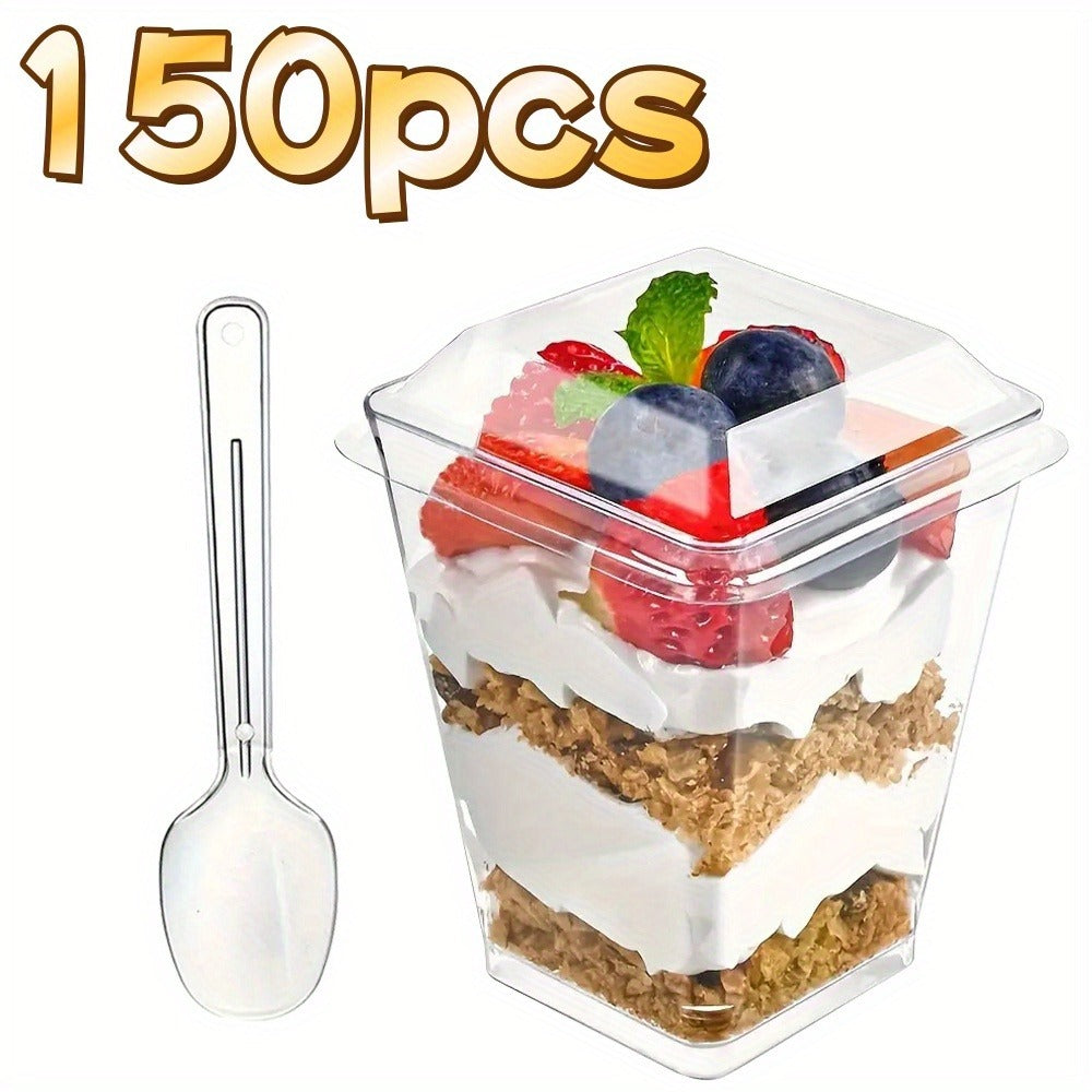 Disposable Dessert Cups with Lids & Spoons, 5oz Plastic Pudding Cups Set, 50/100/150/200 Pack Mini Clear Cups for Parties