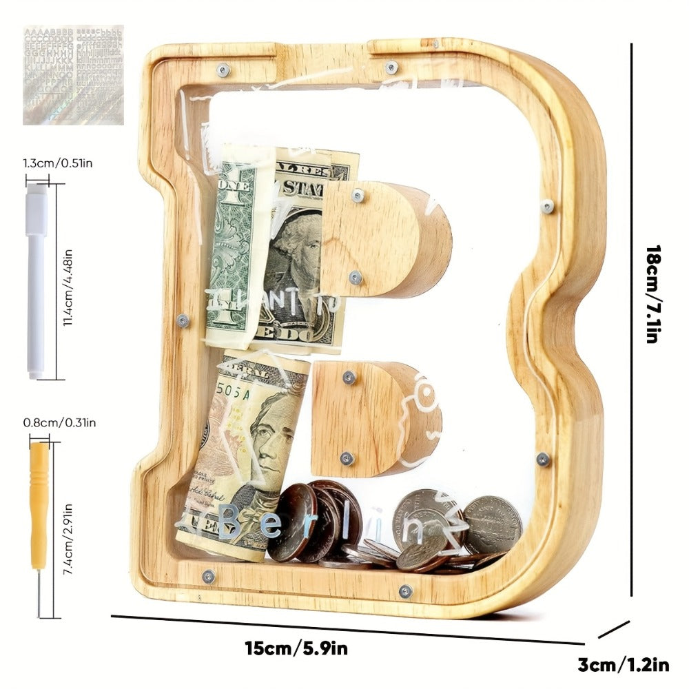 Alphabet Wooden Money Bank for Adults A to Z Letter Piggy Bank – Personalized Coin Bank Home Decor Craft Art Decoration