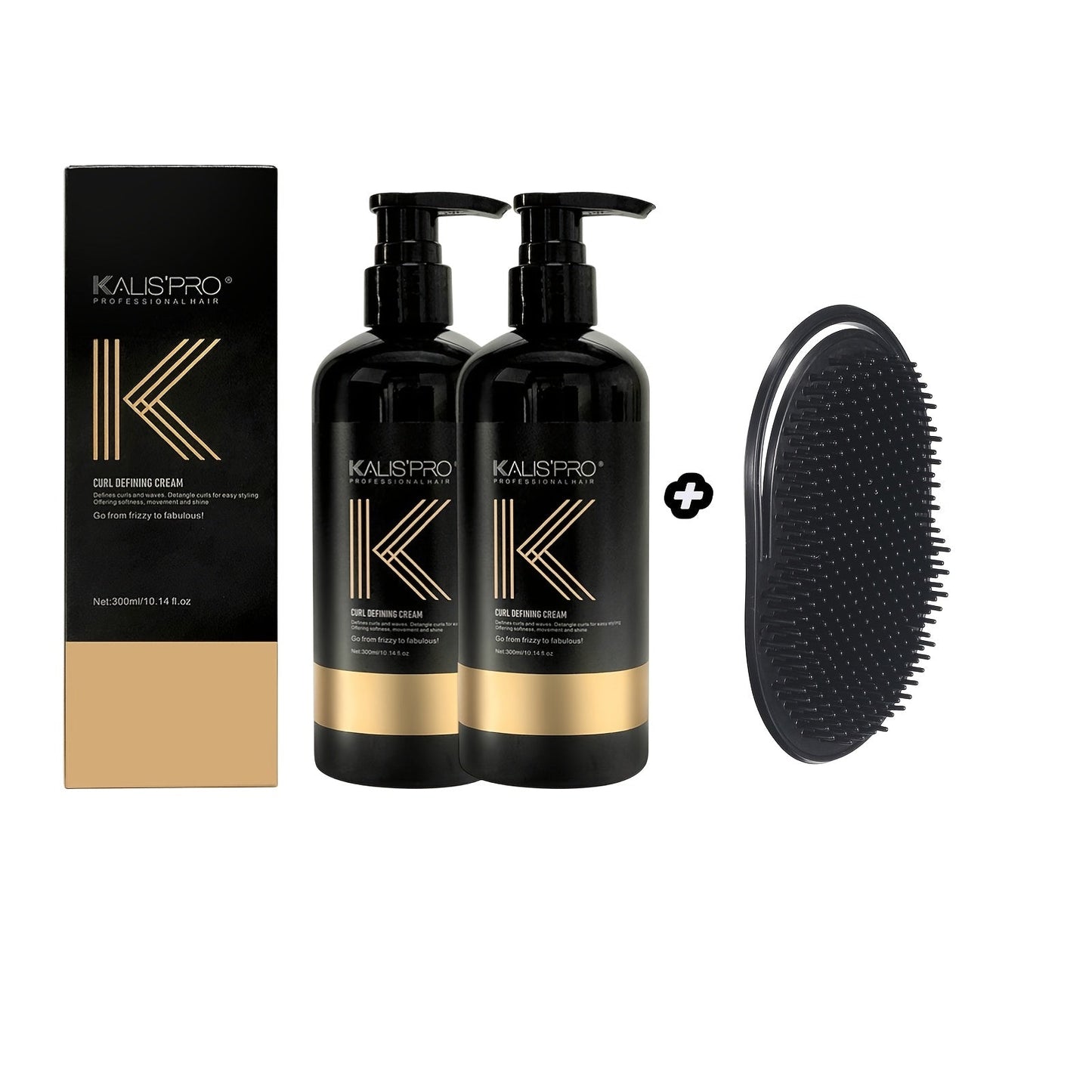 Curl Defining Cream and Detangling Brush Set by KALISPRO with One or Two 300ml Pump Bottles