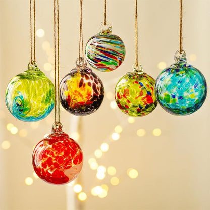 Hand Blown Glass Christmas Ornaments Set of 6 - Multicolor Hanging Ball Decorations for Entryways, Bedrooms and Living Spaces