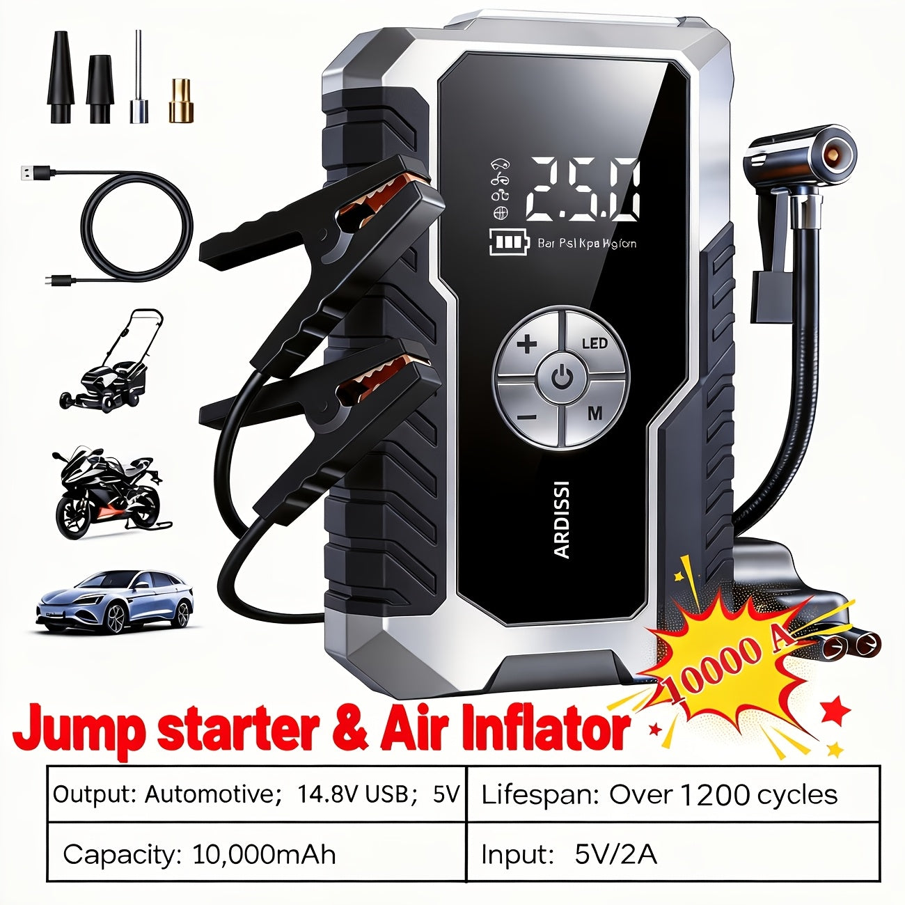 Car Jump Starter 10000A with 150PSI Tire Inflator – 7-in-1 Emergency Battery Booster Pack, 5000A Peak, 10000mAh Power Bank, LED Light